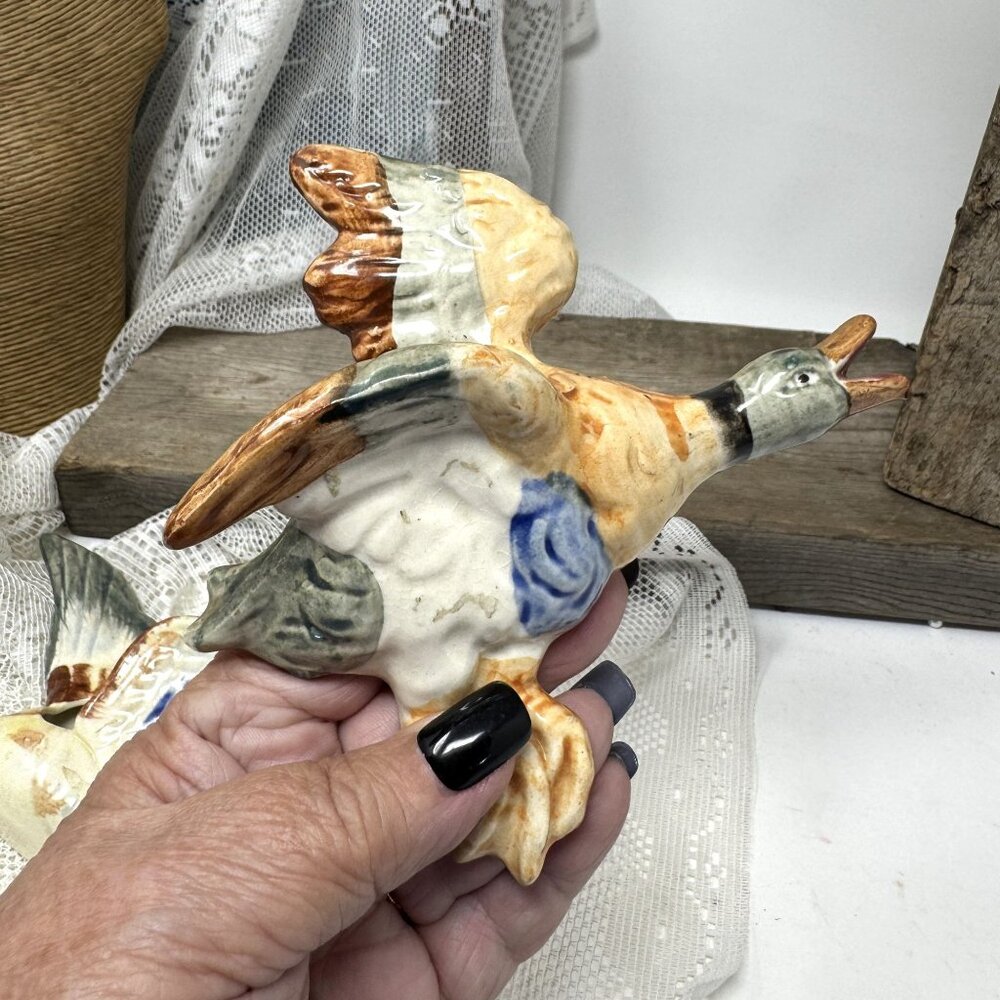 Vintage Ceramic Flying Mallard Duck Figurine Wall Pocket Planter Japan Mid-Centu